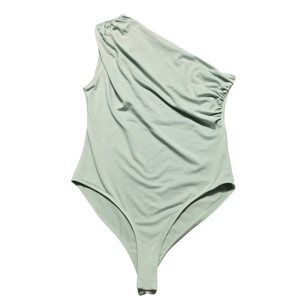 Bodysuit Women M‎ Sage Green Zara One Shoulder Rushed Asymmetrical
